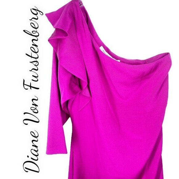 DIANE VON FURSTENBERG Cobb Magenta Pink One Shoulder Silk Mini Cocktail Dress, 8 - Picture 4 of 9